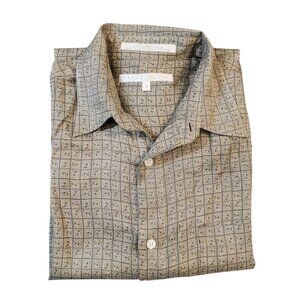 PERRY ELLIS Mens Silk Shirt Size Medium Beige Patterned Short Sleeve Button Up